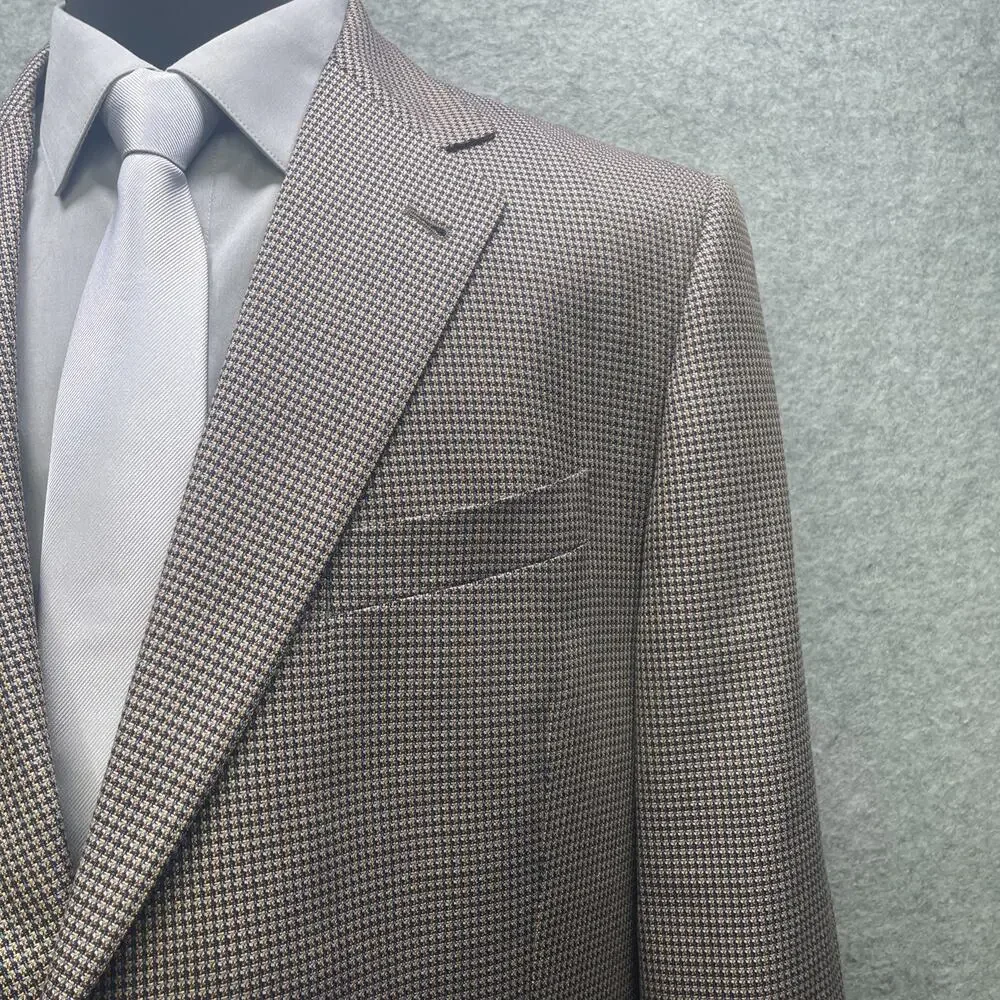 Joseph Abboud Silk Wool Blazer 46R Brown Blue Micro Houndstooth Check Tweed USA